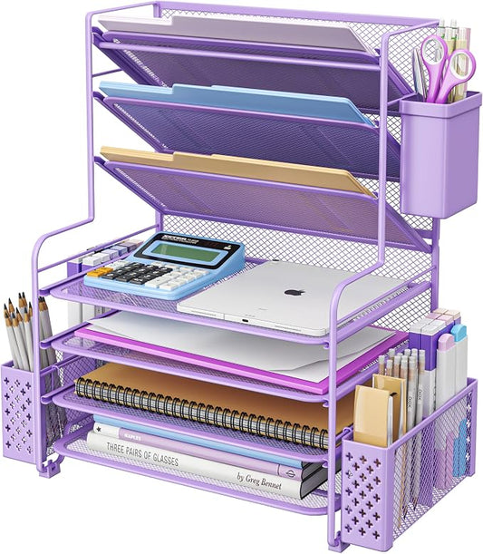 Simple Trending 7 Tier Desk File Organizer, Letter Tray Paper Organizer with Pen Holder and Metal Hanging Basket, Purple by SimpleTrending
