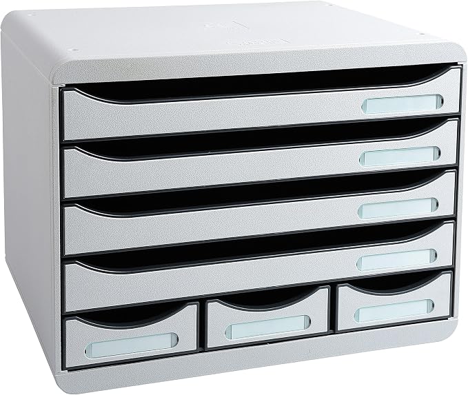 Exacompta - Ref 307740D - Store-Box EcoBlack Plus - 7 Drawers Set - 270 x 355 x 271mm in Size, Suitable for A4+ Documents, 3 Small Drawers for Accessories - Light Grey by +Office+Supplies