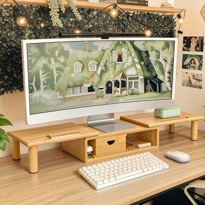 Dual Monitor Stand Riser with Drawer for Desk Laptop | Desk Shelf with Adjustable Length and Angle, Bamboo Computer Stand Riser for 2 or 3 Monitors Screen Laptop PC TV -Natural - Image 2