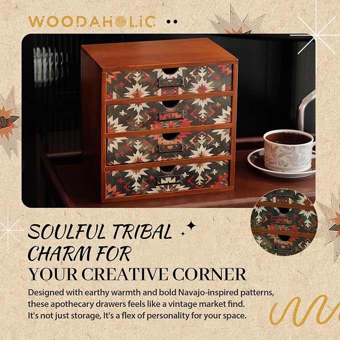 Boho Green Wooden Desk Organizer with Drawers – 4-Drawer Desktop Storage Box – Rustic Tribal Wood Desk Organizer for Office, Vanity, or Craft Supplies – Compact & Stylish Wooden Storage Drawers - Image 7