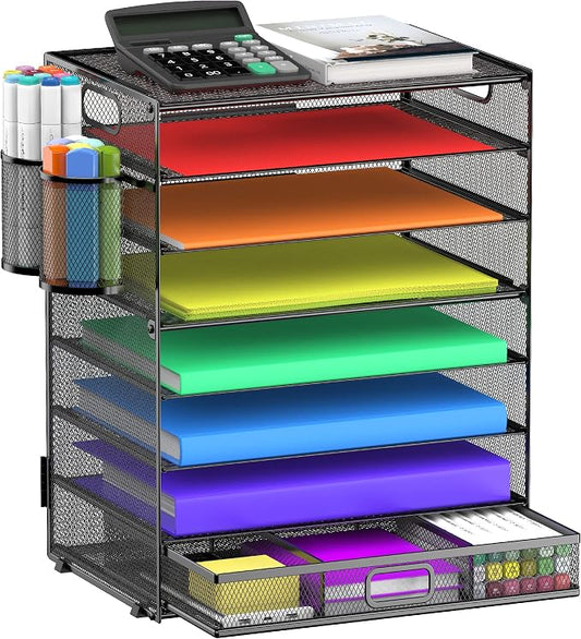 8 Tier Paper Letter Tray Organizer (Black-with Drawer,Pen Holders) | Mesh Desk File Holder Storage Organization for Home School Classroom & Office by GoldOrcle