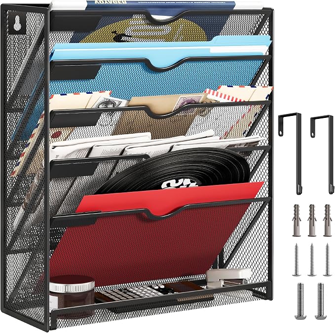 Lavatino 6-Tier Mesh Hanging Wall File Organizer with Hooks – No Installation Needed, Paper Mail Organizer Wall-Mounted File & Magazine folder Holder for Office and Home (Black) by Lavatino