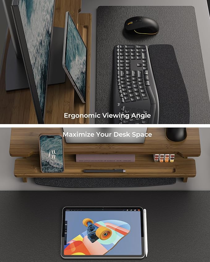 23” Monitor Stand with Phone Tablet Holder Bamboo Desk Shelf | Monitor Riser for 40-55” Desk Cozy Computer Setup Workplace Organizer Keyboard Storage Toasted Bamboo Color Compact Ergonomic - Image 4