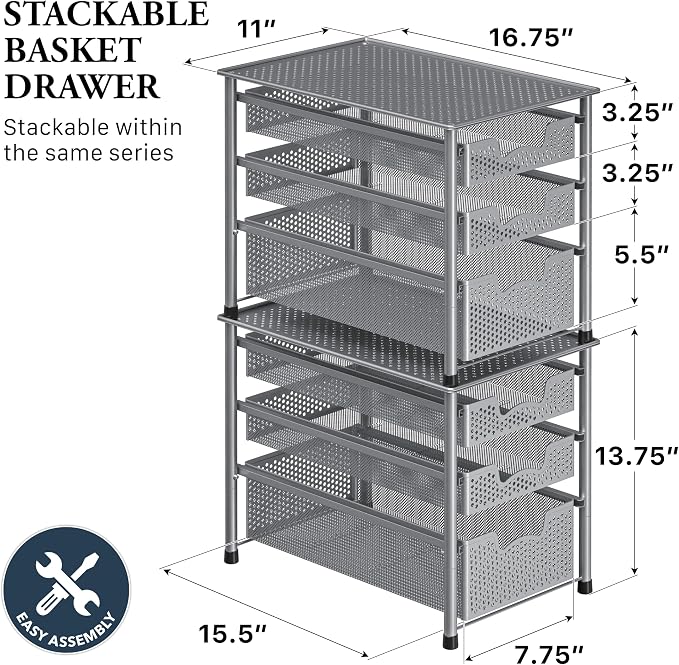 Simple Houseware Stackable 3 Tier Sliding Basket Organizer Drawer, Silver - Image 2