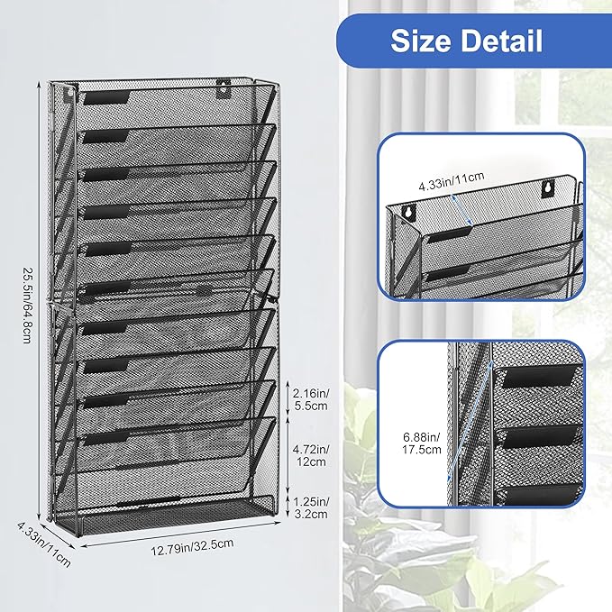EasyPAG Wall File Holder 10 Tier Mesh Hanging Folder Organizer with Flat Tray Wall Mounted Mail Organizer Magazine Paper Desk Shelf with Nametag Label for Office Home School, Black - Image 3