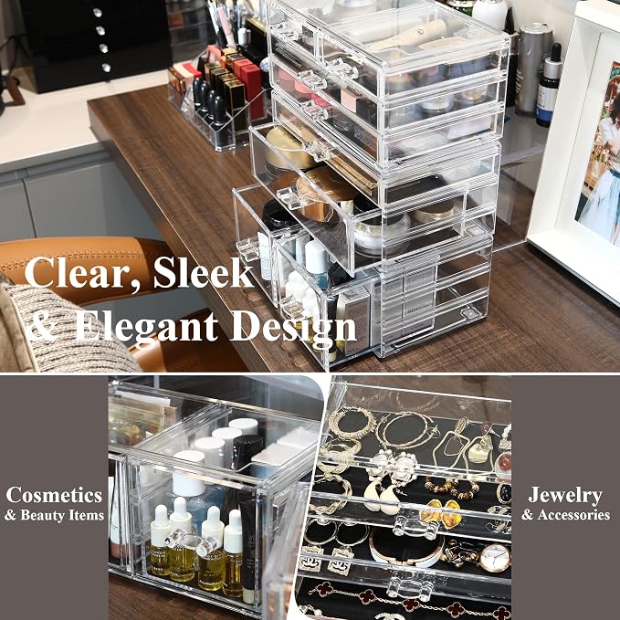 Sea Team 3-Tier Stackable Clear Acrylic Makeup Organizer with Drawers | Multi-Purpose Cosmetic Display Case, Jewelry Storage Box with 8 Drawers, Ideal for Vanity, Dresser, Bathroom, Countertop - Image 4