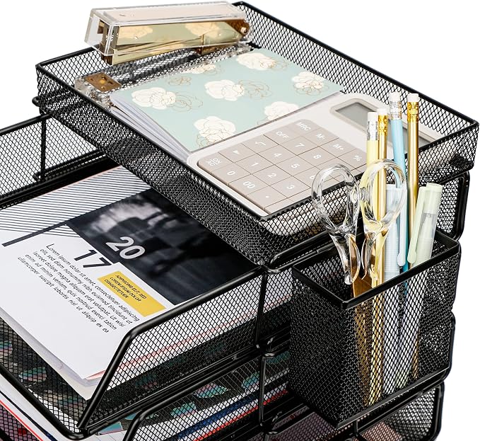 EXERZ Paper Trays Stackable 6pcs including 4 x Sorters, 1 x Top Tray,1 x Side Basket - Metal Desk Organiser/File Holder - Office, School - Image 6