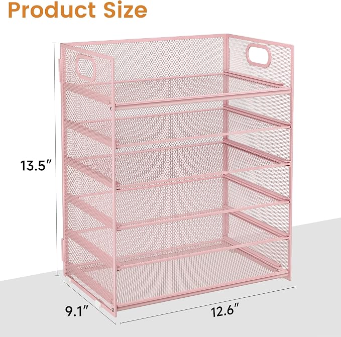 Subekyu 6 Tier Office File Paper Desk Tray Organizer with Handle, Stackable Slide Mesh Letter Tray Folder Pink Desk Organizer, Desktop Document Sorter for Classroom, Office, Home Supplies Storage - Image 6