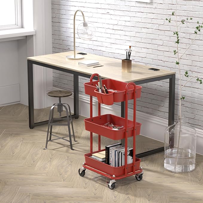 Simple Houseware 3-Tier Rolling Utility Cart with Hanging Bucket, Red | Storage for Bathroom, Kitchen, Office, Study Room, Nursery Diaper - Image 3