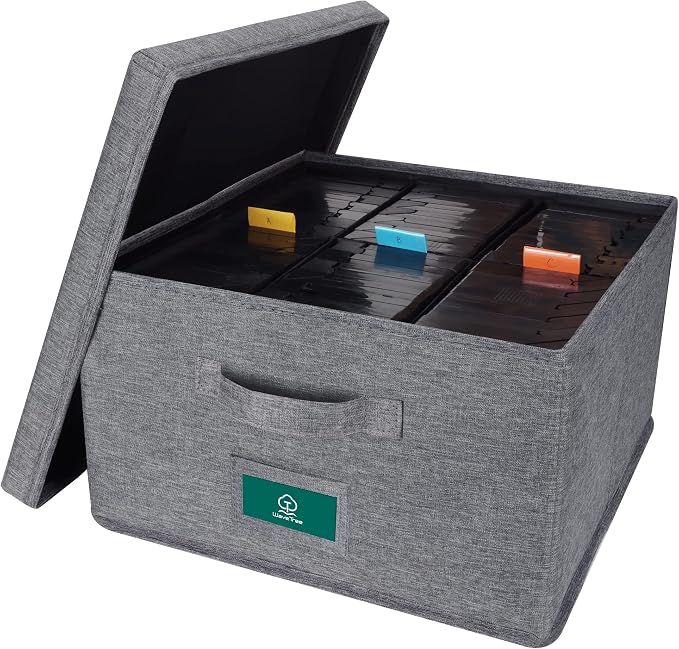VHS Storage Box with Lid, Practical VHS Storage Case with Index Labels, 14.4 x 13.4 x 8.2 Inch VHS Holder Storage Containers to Store up to 42 VHS Tapes- Gray by TWaveTree