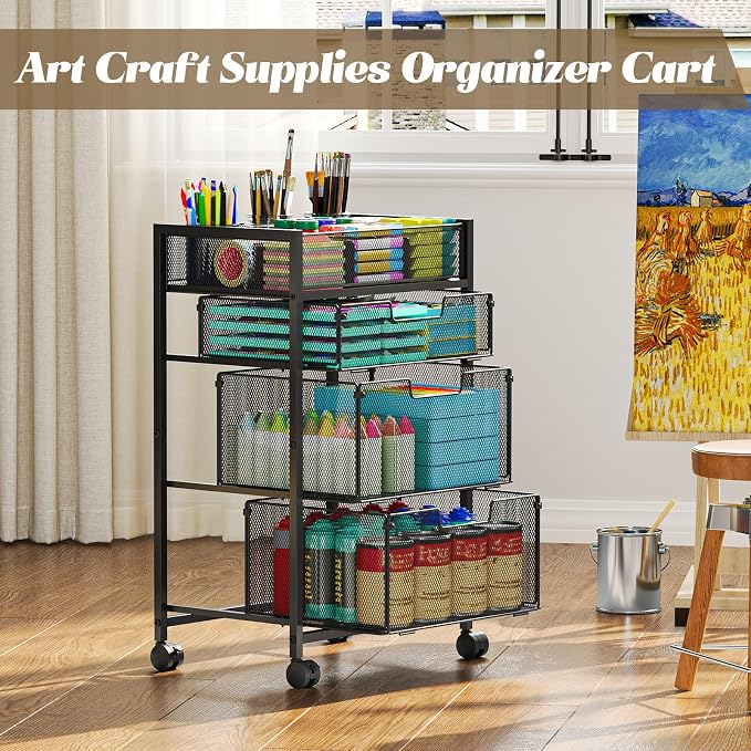 4-Tier Rolling Utility Cart with 3 Drawers, Craft Organizer and Storage with DIY Divider, Art-Craft Supplies with Caster Wheels, Multi-Functional Storage For Classroom, Office, Paints, Artifacts - Image 4