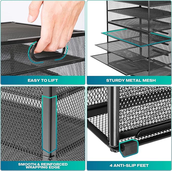 8 Tier Paper Letter Tray Organizer with Handles (Black-2Pack) | Mesh Desk File Holder Storage Organization for Home School Classroom & Office - Image 4