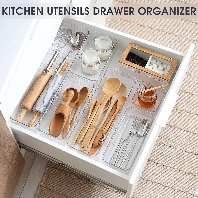 Aneco 20 Pieces Extendable Clear Drawer Organizer Adjustable Vanity Storage Box 4-Size Desk Drawer Divider Acrylic Storage Bins for Makeup, Cosmetic, Jewelries, Bedroom Kitchen Utensils Gadgets - Image 6