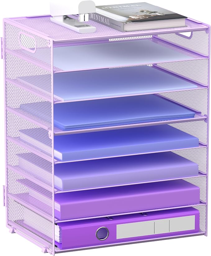 8 Tier Paper Letter Tray Organizer with Handles for Desk (Purple) | Mesh Desk File Holder Storage Organization for Home School Classroom & Office by GoldOrcle