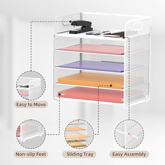 2 Pack 5-Tier White Desk Organizer with Handle Mesh Desk File/Paper Organizer Letter Tray for Office, School and Home Easy Installation - Image 3
