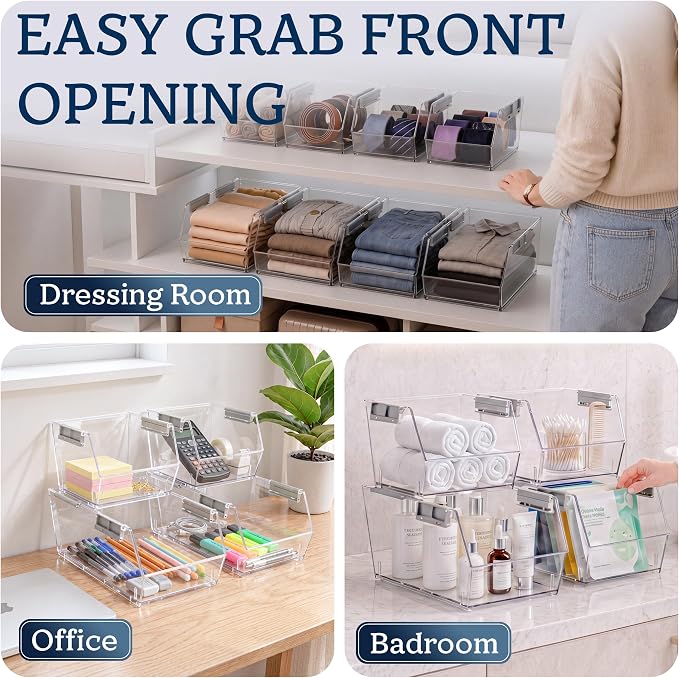 HOMESTEAD Set of 6 Stackable Storage Bins, 3 Large + 3 Small Clear Plastic Organizer Bins, Open Front Design for Kitchen Pantry, Fridge, Cabinet, Bathroom Organization and Snack Storage - Image 8