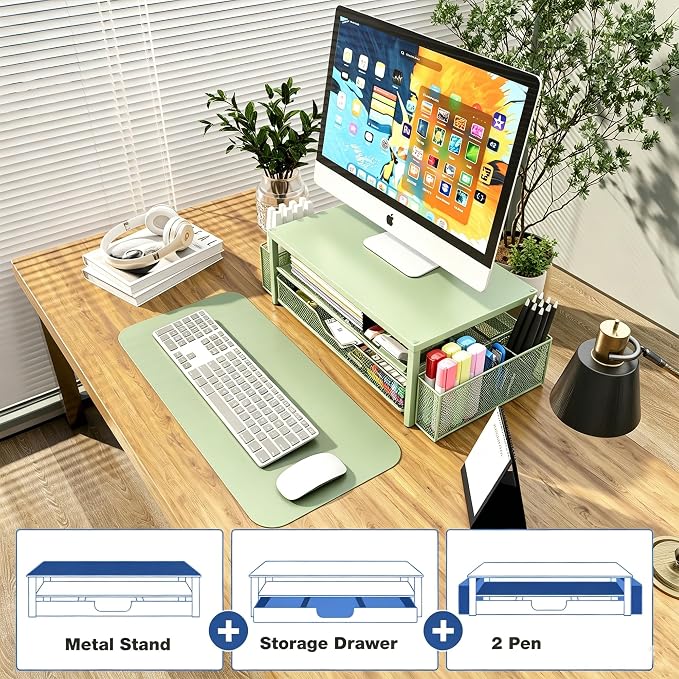 Desk Organizers and Accessories, Computer Monitor Stand Riser with Drawer and 2 Pen Holders, Printer & Laptop Stand, Office Desk Accessories & Workspace Organizers for Home Office Supplies, Green - Image 2