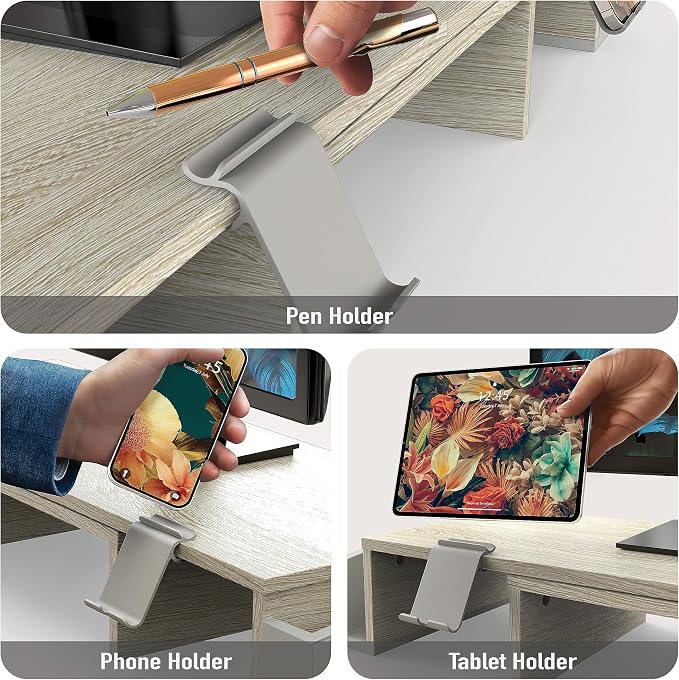 Simple Houseware Desk Dual Monitor Stand Riser with Drawer, Maple | Customizable Organizer Tray, Built-In Phone & Tablet Slot and Side Storage - Image 4