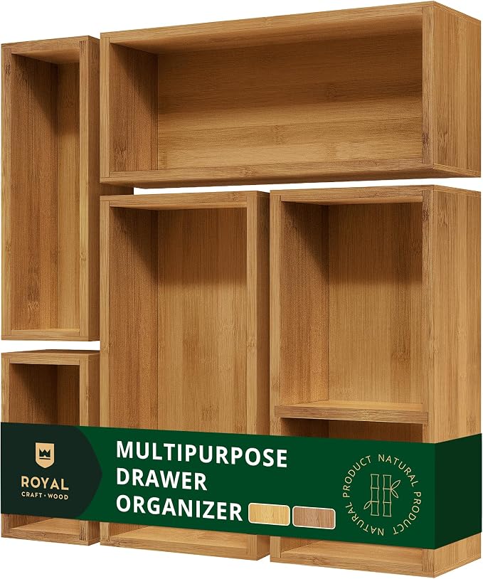 ROYAL CRAFT WOOD Premium Carbonized Bamboo Decorative Boxes - Drawer Organizer Set (5-Piece) – Wood Storage Boxes for Kitchen, Bathroom, Office & Makeup by ROYALCRAFTWOOD