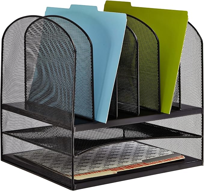 Safco Onyx Desk Organizer, 6 Vertical Compartments and 2 Trays, Office and Classroom Mailbox , Paper and Mail Sorter, Steel Mesh, Black - Image 2
