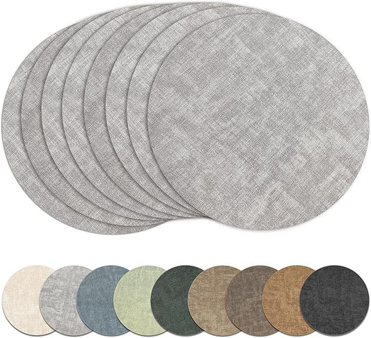 13" Round Placemats Set of 8, Reversible Faux Leather Heat Resistant Table Mats, Waterproof Oilproof Wipeable Table Protective Placemats for Vinyl, Washable for Indoor & Outdoor Use (8, Light Grey)