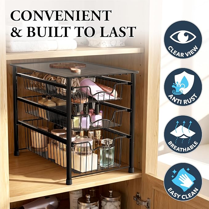 Simple Houseware Stackable 3 Tier Sliding Basket Organizer Drawer, Black - Image 5