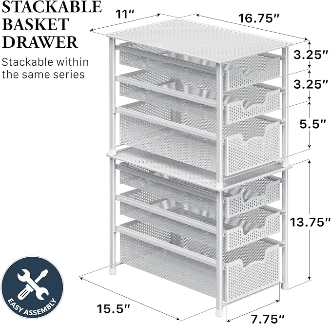 Simple Houseware 3 Tier White Alloy Steel Sliding Basket Organizer Drawer Cabinet | 3 Tier White Alloy Steel Sliding Basket Organizer Drawer Cabinet - Image 2