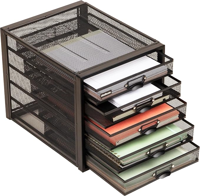 Mind Reader File Storage Drawers, Desk Organizer, Multi-Purpose, Crafts, Office, Metal Mesh, 11"L x 14"W x 11"H, Black, 5 Drawer by MindReader