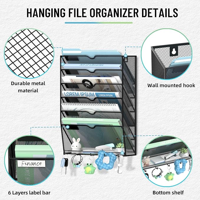 7-Tier Wall File Organizer with 5 Hooks, Wall Mounted Mail Organizer | File Holder Organizer, Metal Mesh Office Wall Organizer for Home, School & Classroom - Image 2
