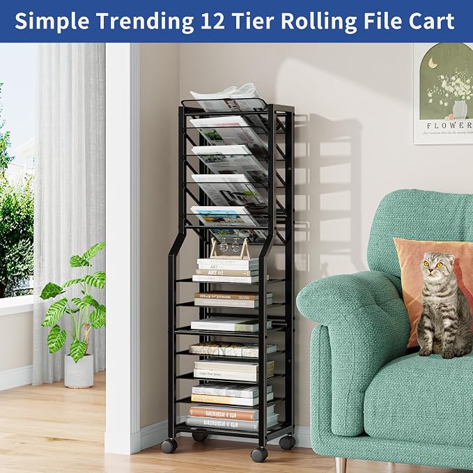 Simple Trending 12 Tier Rolling File Cart, Desk File Organizer with Sliding Trays and Metal Mesh Paper Letter Storage Multi Functional Rolling Clutter Cart for Office, Home, School, Black - Image 3