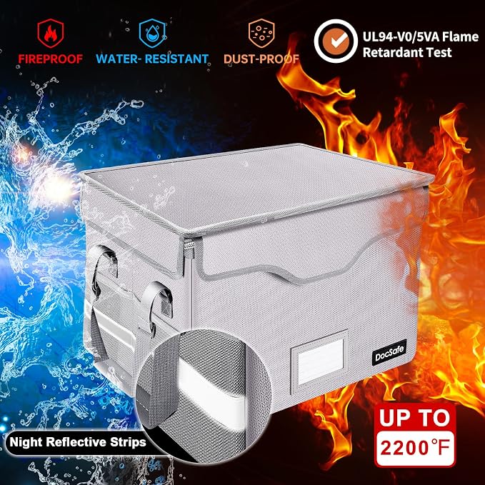 DocSafe Fireproof Document Box with Lock,File Storage Organizer with Pockets,Collapsible Portable File Box Home Office Safe Filing Cabinet with Handle for Hanging Letter/Legal Folders,Silver,2 Pack - Image 2