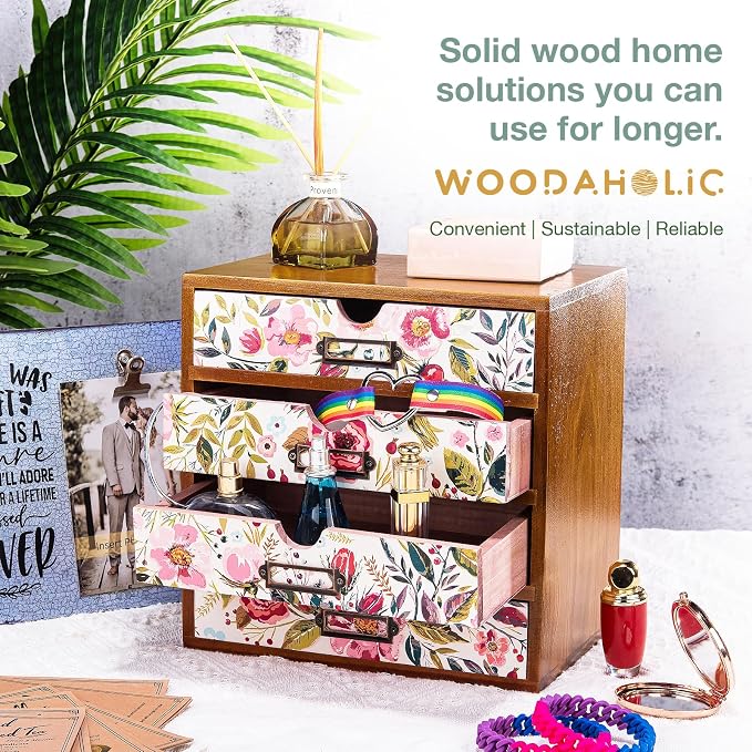 4-Drawer Vintage Desk Wood Storage Box With Drawers in Floral Chintz - Wooden Table Organizer I End Clutter & Dullness, Personalize Your Workspace - Beautiful Flower Design for Office & Home - Image 8