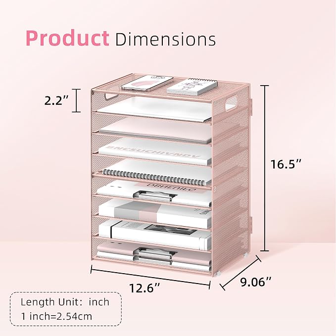 9-Tier Paper Organizer for Desk, Metal Mesh Letter Tray with Handles, Pink | Desk File Organizer with Removable Trays for Sorting Files, Folders, Mail and Printer Paper at Home, School or Office - Image 3