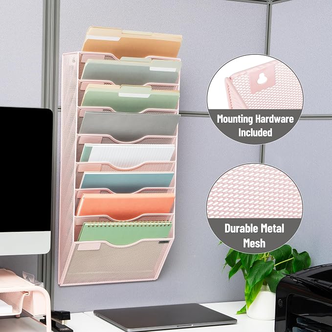Mind Reader Wall File Organizer, 8 Pocket Hanging Document Rack, Office Wall Mount, Metal Mesh, Pink - Image 4