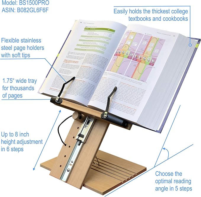 BS1500PRO Large Portable Height Adjustable Foldable Eye-Level Ergonomic Bookstand Holder for Reading Hands Free Large Thick Heavy College Textbooks Tablets Neck Pain Free - Image 2