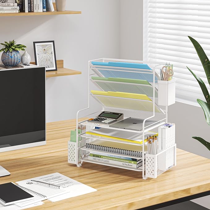 Simple Trending 7 Tier Desk File Organizer, Letter Tray Paper Organizer with Pen Holder and Metal Hanging Basket, White - Image 6