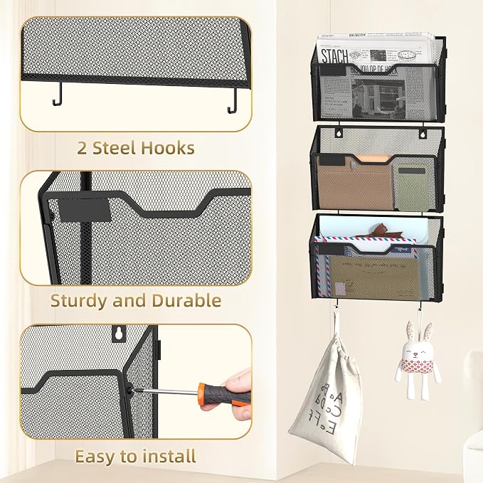 Docnest 3 Pack Mesh Wall File Holders with Hooks for Mail, Black | Space-saving vertical design with utility hooks. Ideal paper document organizer for office, home, and school - Image 4