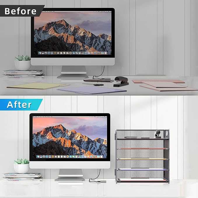 5 Trays Paper Organizer Letter Tray with Handle-Mesh Desk File Organizer, Grey Paper Sorter Desk Organizer for Office, Home or School - Image 5
