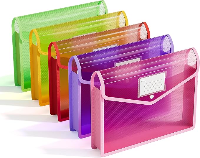 ThinkTex Plastic Expanding File Folders, Transparent Envelopes with Snap | Suitable for Home, Office, School, Large Capacity, No Dividers, Dopamine 5-Color, Fits Letter/A4 Size - 5 Pack by ThinkTex