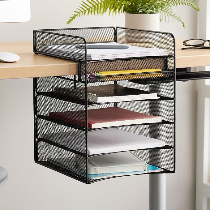 Safco Onyx Hanging Under Desk Organizer, 5 Trays, Office and Classroom Mailbox , Paper and Mail Sorter, Steel Mesh, Black - Image 2