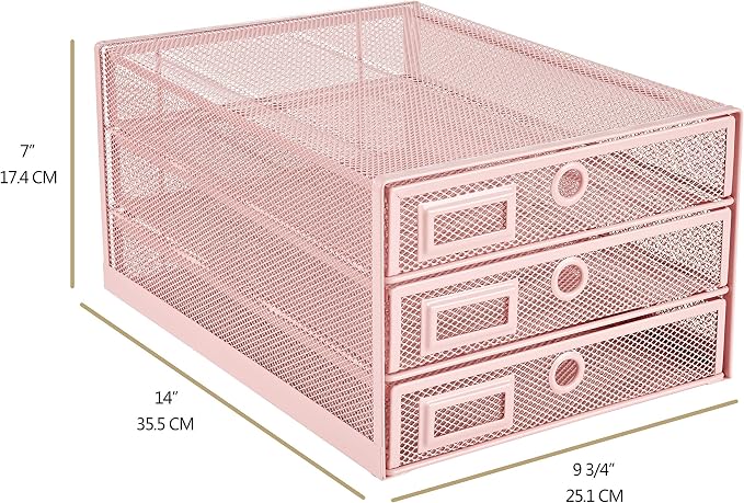 Annova Desk Organizer Wire Mesh 3 Tier Sliding Drawers Paper Sorter/Multifunctional/Premium Solid Construction for Letters, Documents, Mail, Files, Paper, Kids' Art Supplies (Light Pink) - Image 2