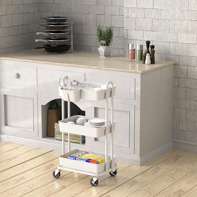 Simple Houseware 3-Tier Rolling Utility Cart with Hanging Bucket, White | Storage for Bathroom, Kitchen, Office, Study Room, Nursery Diaper - Image 4