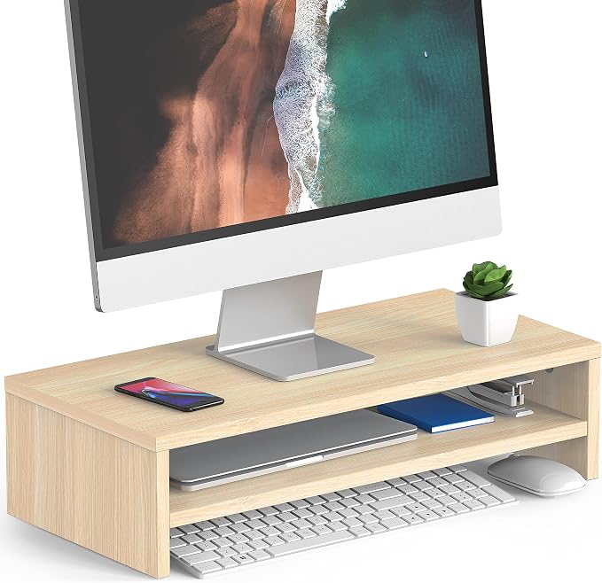 FITUEYES Wooden Monitor Stand Riser, 2-Tier Desk Storage Shelf, Oak | 21.3-Inch Desktop Organizer Fits Laptop, Computer Screen and Office Supplies by FITUEYES