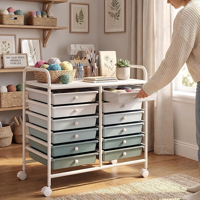 GOFLAME 12-Drawer Rolling Storage Cart, Art Craft Organizer Cart, Mobile Utility Storage Cart with Removable Drawers & Lockable Wheels, Craft Cart for Home Office School, Green Gradient - Image 2