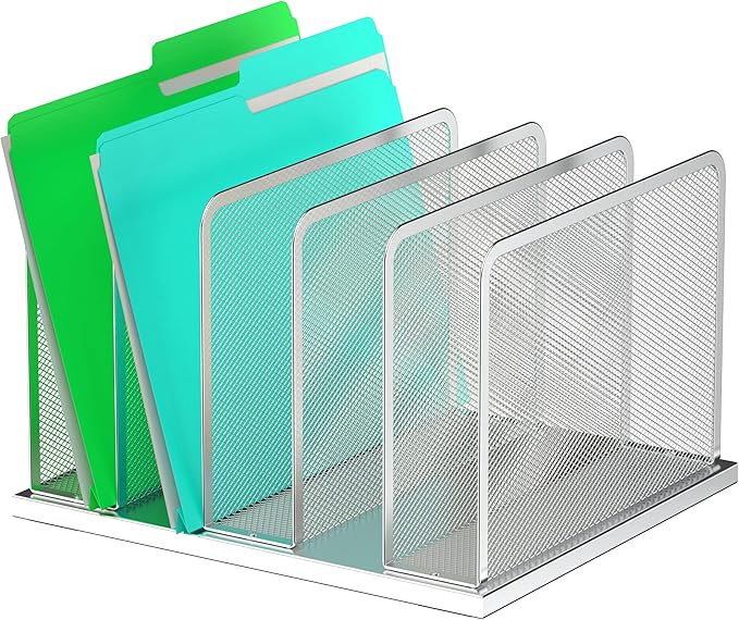 Kuntine.B Desk File Organizer Upright Mesh Desktop Organizer File Sorter Office Organization File Holder for Home, Office & Classroom (Silver, 1 Pack 5-Section) | Vertical, Mesh, Metal, Assembly, Stability, Sturdiness, Organization, Standing by KuntineB