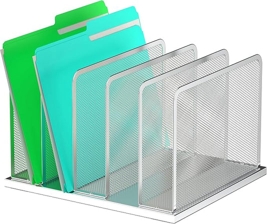 Kuntine.B Desk File Organizer Upright Mesh Desktop Organizer File Sorter Office Organization File Holder for Home, Office & Classroom (Silver, 1 Pack 5-Section) | Vertical, Mesh, Metal, Assembly, Stability, Sturdiness, Organization, Standing by KuntineB