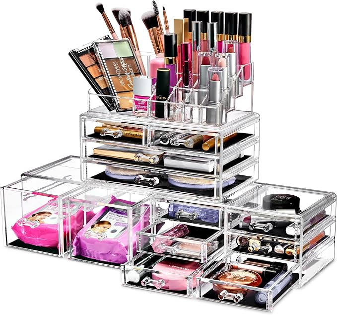 Sorbus Large Makeup Organizer - Clear Stackable Jewelry Makeup Organizer for Vanity, Bathroom Storage Display Case - 12 Drawers Cosmetic Beauty Organizers and Storage with Lipstick Makeup Brush Holder by Sorbus