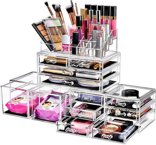 Sorbus Large Makeup Organizer - Clear Stackable Jewelry Makeup Organizer for Vanity, Bathroom Storage Display Case - 12 Drawers Cosmetic Beauty Organizers and Storage with Lipstick Makeup Brush Holder by Sorbus