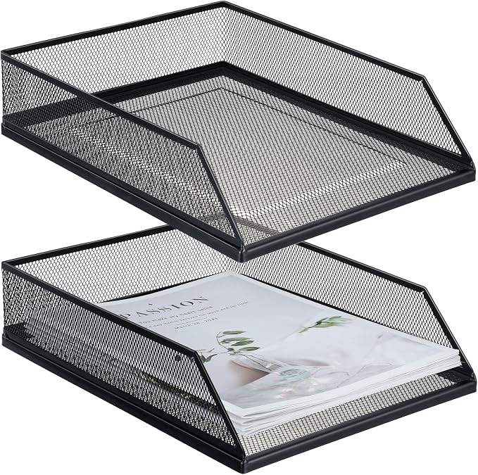 Hicarer 2 Pcs Black Metal Letter Tray Stackable Desk Tray Single Wire Mesh Organizer Front Load File Paper Holder for Desktop Office Home School Classroom (12.8 x 9.84 Inch) by Hicarer