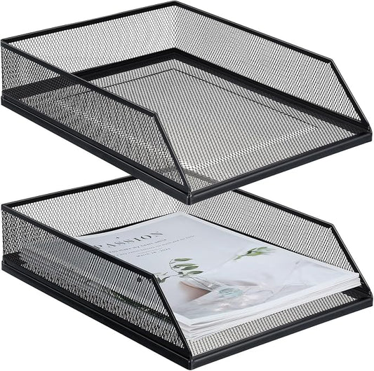 Hicarer 2 Pcs Black Metal Letter Tray Stackable Desk Tray Single Wire Mesh Organizer Front Load File Paper Holder for Desktop Office Home School Classroom (12.8 x 9.84 Inch) by Hicarer